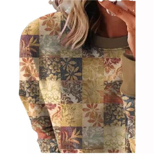 Damen Langarmshirt im Patchwork-Quilt-Design mit weichem Rundhalsausschnitt und kontrastierenden Bündchen Shop Nory