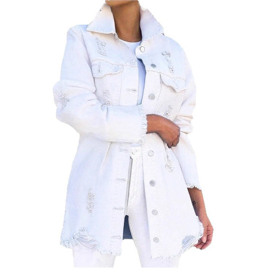 Damen Longline-Denimjacke mit Destroyed-Details und Fransenabschluss Shop Nory