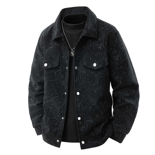 Herren Kordjacke im Truckerstil mit tonalem Blattmuster, Druckknopf‑Front und Pattentaschen Shop Nory