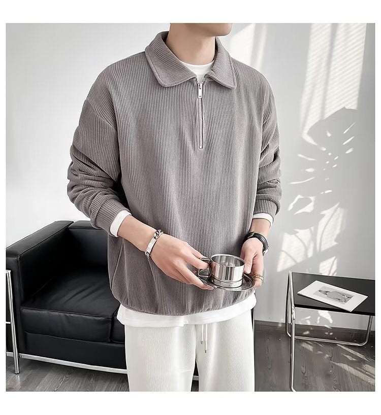 Herren Gerippter Pullover mit Halbreißverschluss und Polokragen Shop Nory
