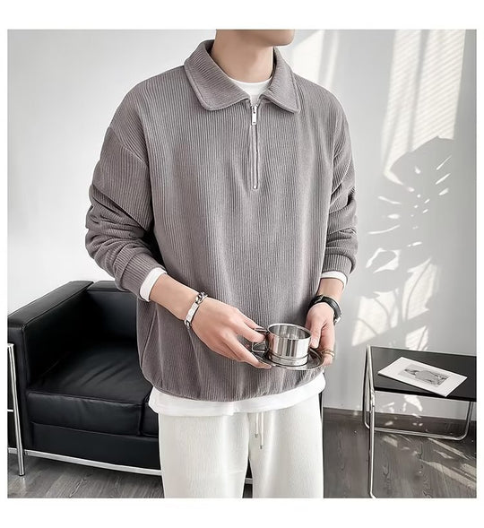 Herren Gerippter Pullover mit Halbreißverschluss und Polokragen Shop Nory
