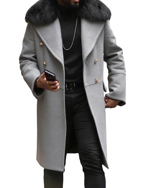Herren Langer Doppelreihiger Mantel mit voluminösem Teddykragen und eleganten Metallknöpfen Shop Nory
