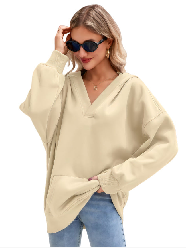 Damen Oversize V-Ausschnitt Hoodie mit Kapuze, Kängurutasche und verlängertem Saum Shop Nory