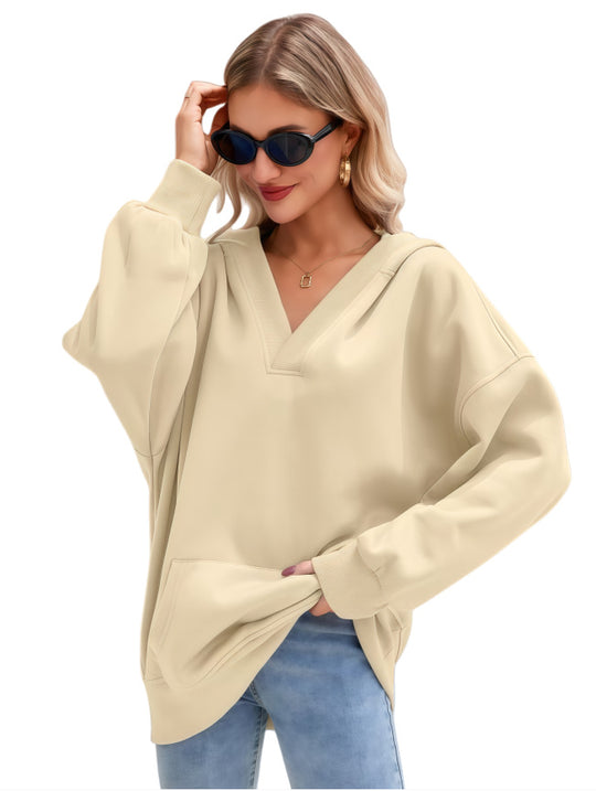 Damen Oversize V-Ausschnitt Hoodie mit Kapuze, Kängurutasche und verlängertem Saum Shop Nory