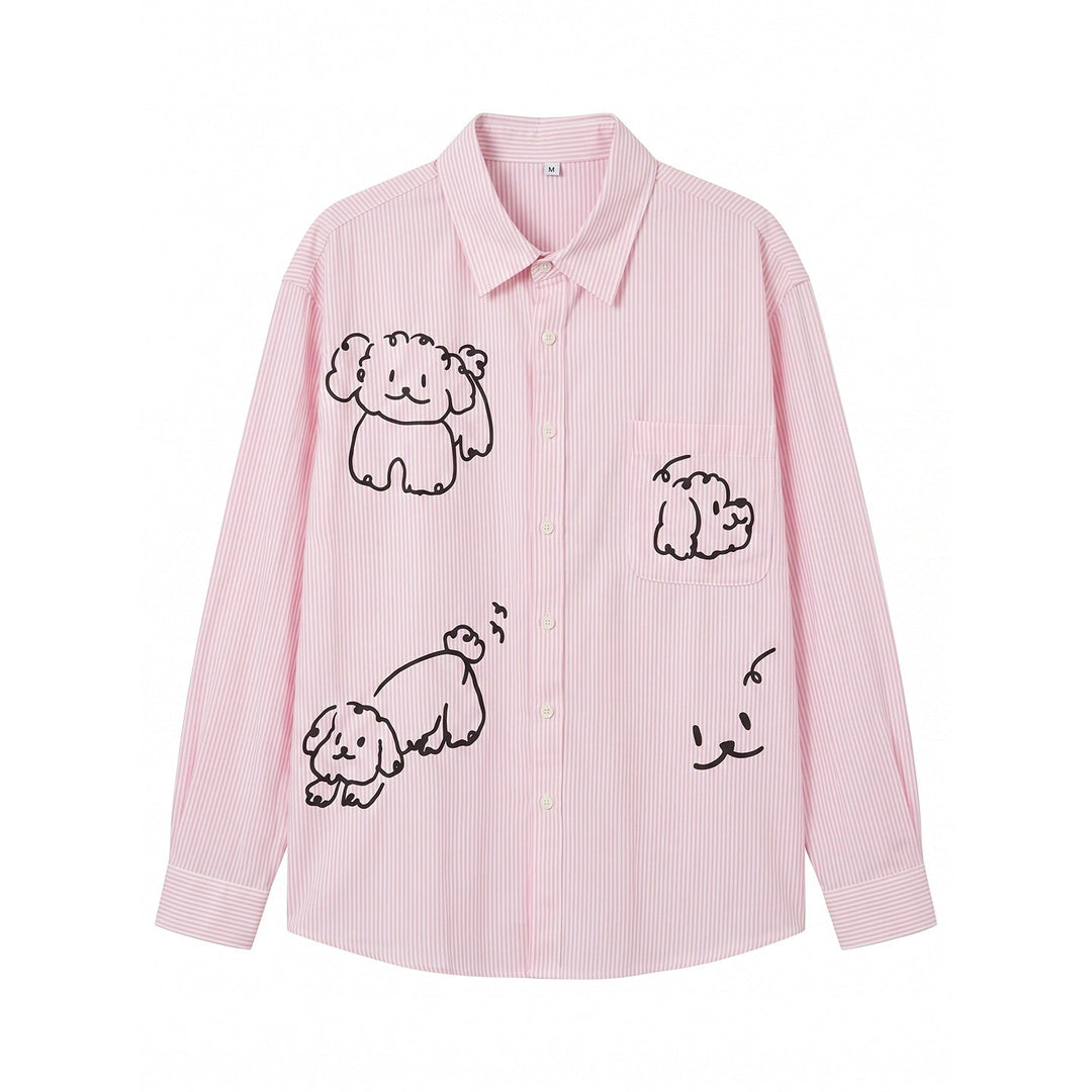 Damen Gestreifte Oversize-Hemdbluse mit Hundedoodle-Prints und Brusttasche Shop Nory