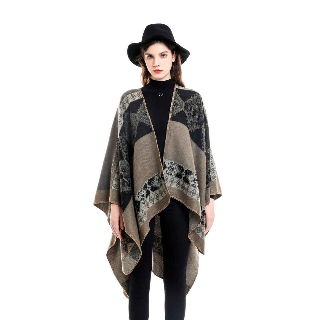 Damen Oversize Strickponcho mit folklorischem Jacquardmuster Shop Nory