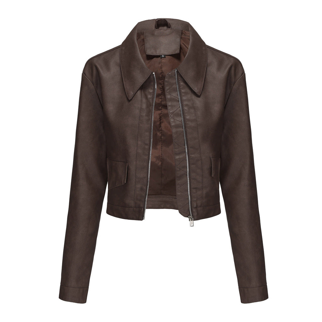Damen modische cropped Kunstlederjacke mit klassischem Wellenkragen