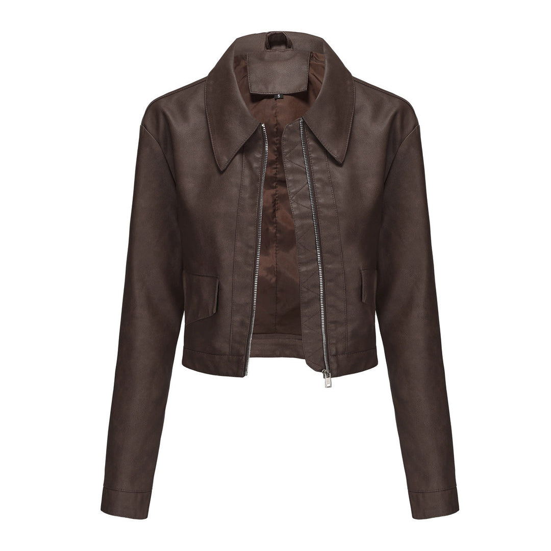 Damen modische cropped Kunstlederjacke mit klassischem Wellenkragen