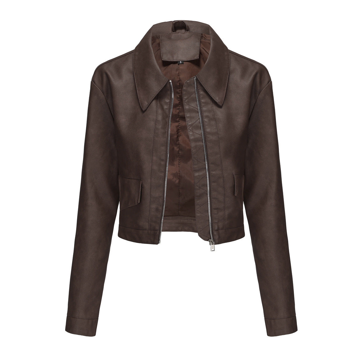 Damen modische cropped Kunstlederjacke mit klassischem Wellenkragen