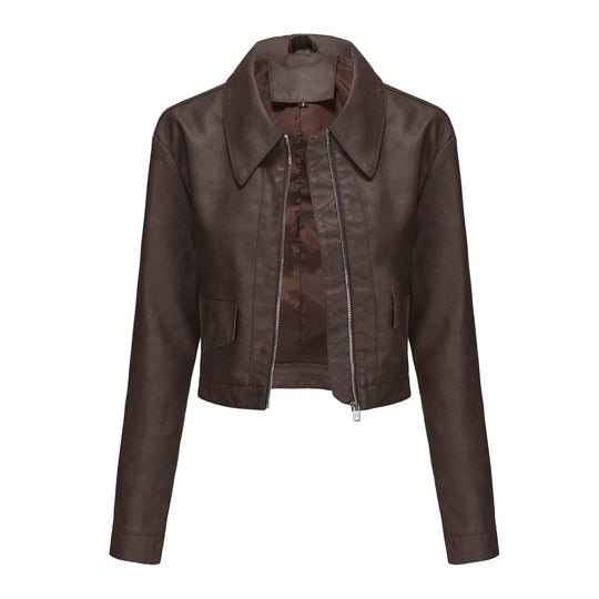 Damen modische cropped Kunstlederjacke mit klassischem Wellenkragen