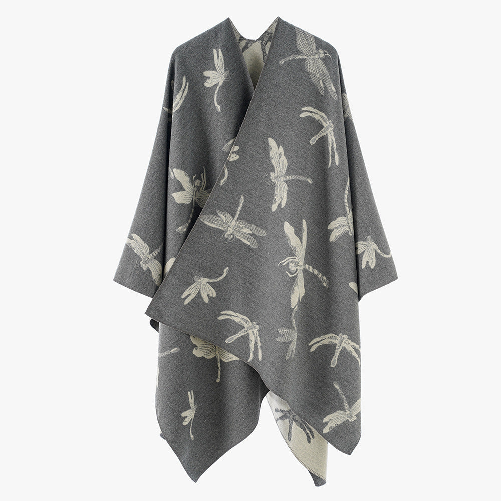 Damen Wendbarer Jacquard-Poncho mit Libellenmotiv Shop Nory