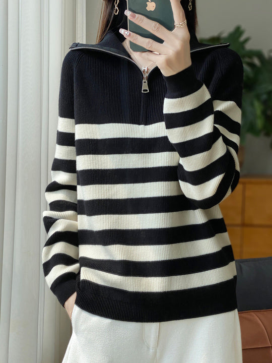Damen Maritimer Troyer-Pullover aus feinem Rippstrick mit breiten Querstreifen Shop Nory