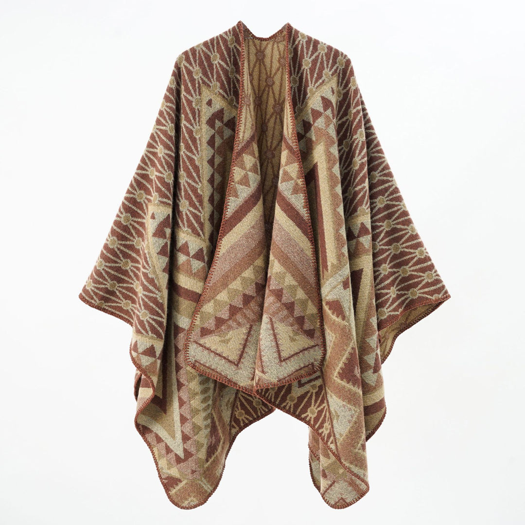 Damen Strukturiertes Jacquard-Poncho-Überwurf mit grafischem Ethno-Muster und offenem Kimono-Fall Shop Nory