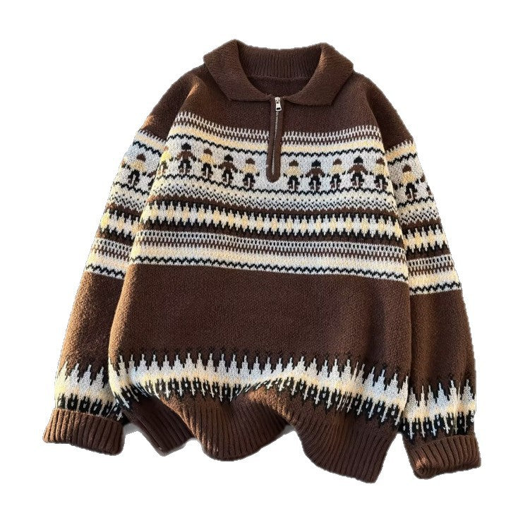 Unisex Oversized Rundhalspullover mit Norweger-Jacquard und gerippten Bündchen Shop Nory