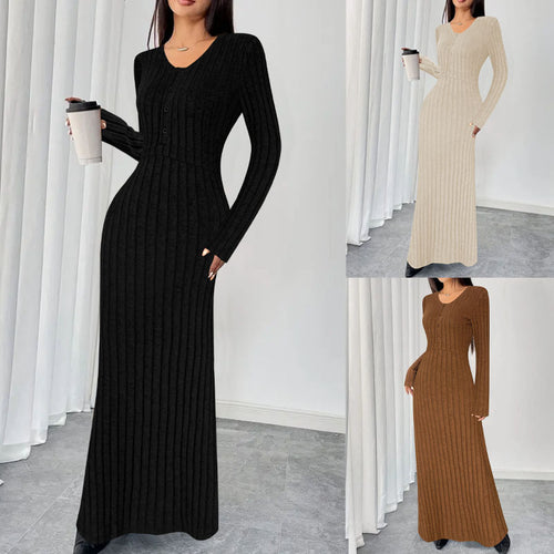 Damen Geripptes Tailliertes Maxikleid mit Knopfpatent und Rundhalsausschnitt Shop Nory