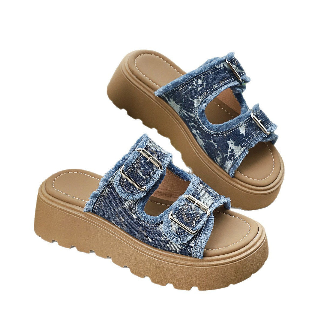 Damen Plateau-Pantoletten mit verstellbaren Riemen und trendiger Denim-Optik