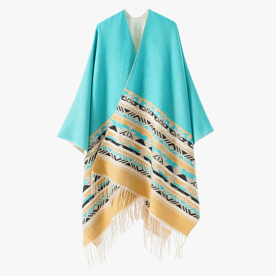 Damen V-Kragen-Überwurfponcho im Kimono-Fall mit Ethno-Bordüre und Fransensaum Shop Nory