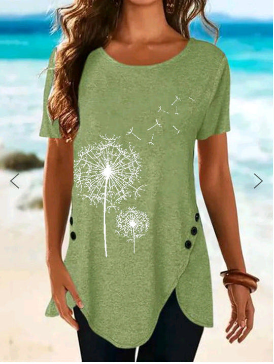 Damen Kurzarmshirt mit asymmetrischem Saum und Dandelion-Print