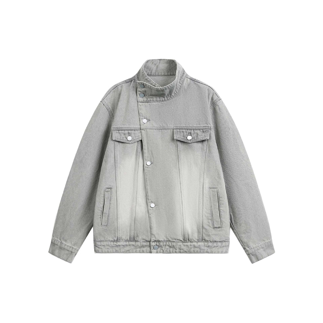 Unisex Boxy-Jeansblouson mit asymmetrischer Druckknopfblende und hohem Stehkragen Shop Nory