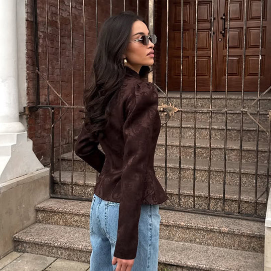 Damen Taillierter Jacquard-Blazer mit Stehkragen, Puffärmeln und Schößchen Shop Nory