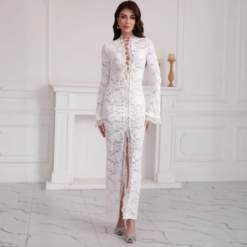Damen Spitzenmaxikleid mit Schnürung und hohem Beinschlitz Shop Nory