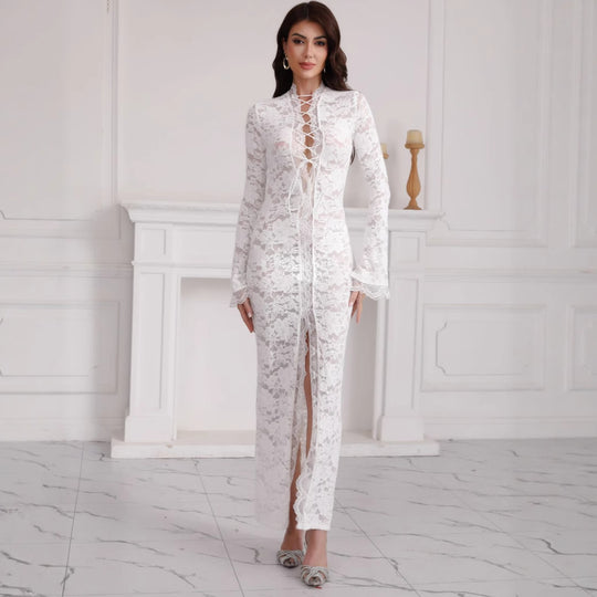 Damen Spitzenmaxikleid mit Schnürung und hohem Beinschlitz Shop Nory