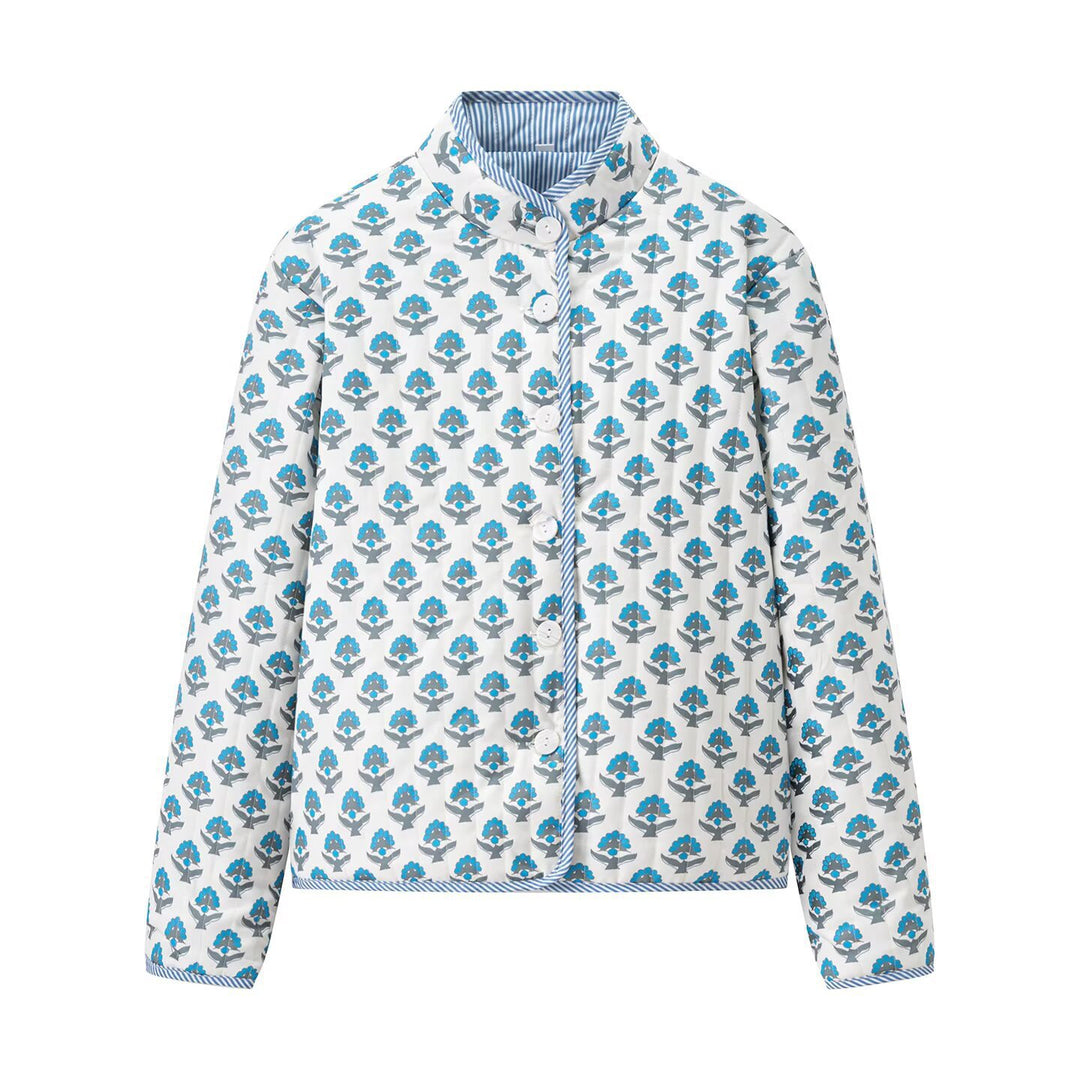 Damen Leichte bedruckte Baumwolljacke mit Stehkragen und gestreiften Manschetten Shop Nory