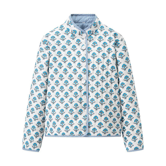 Damen Leichte bedruckte Baumwolljacke mit Stehkragen und gestreiften Manschetten Shop Nory