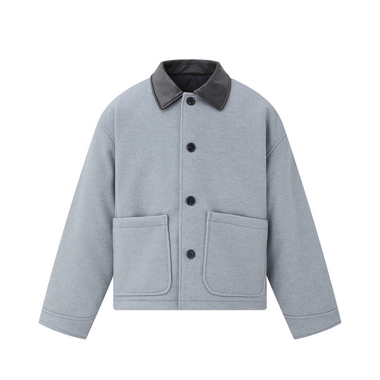 Unisex Kurzblouson im minimalistischen Workwear‑Look aus Wollmix mit Lederoptikkragen Shop Nory