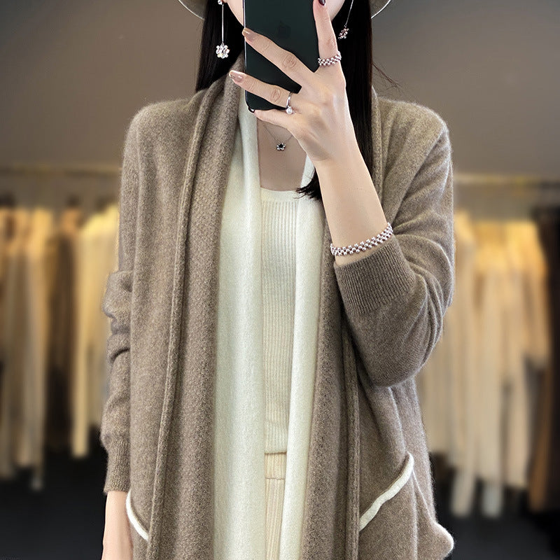 Damen Langer offener Cardigan in Kaschmir‑Look mit Schalkragen und Eingriffstaschen Shop Nory