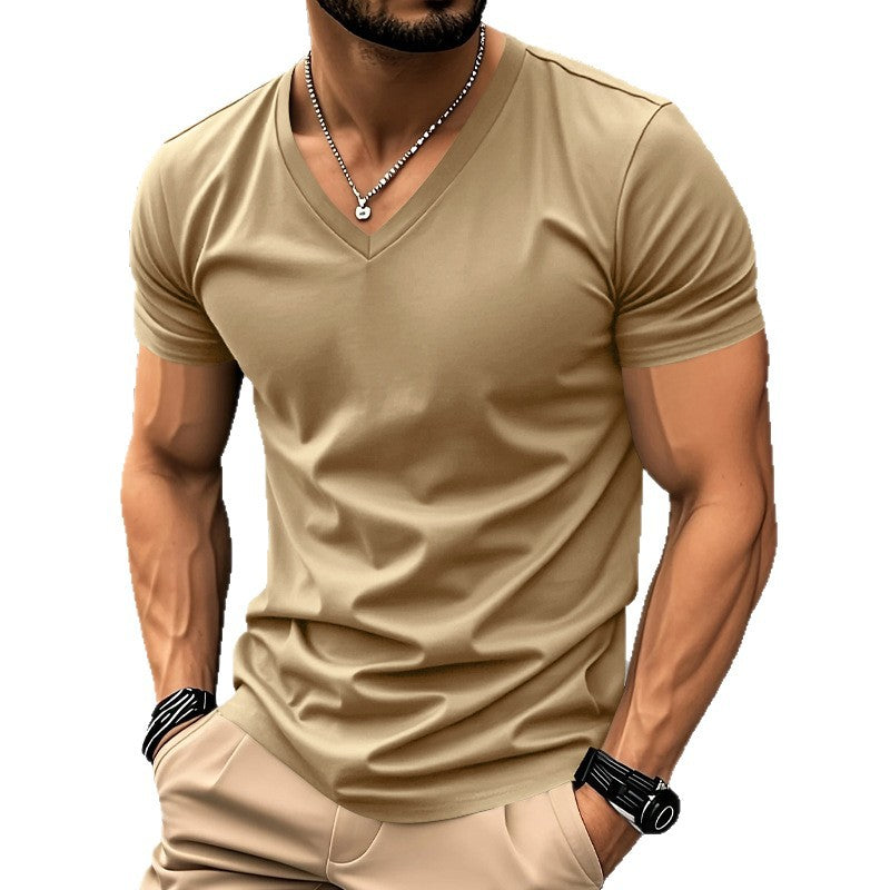 Herren nan klassisches V-Ausschnitt T-Shirt aus feinem Baumwolljersey mit verstärktem Nackenband und Doppelnaht Shopnory