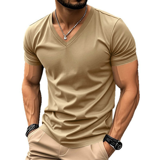 Herren nan klassisches V-Ausschnitt T-Shirt aus feinem Baumwolljersey mit verstärktem Nackenband und Doppelnaht Shopnory