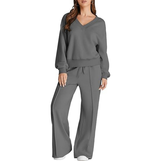 Damen Lässiges V-Ausschnitt Freizeit-Set mit weiter Jogginghose Shop Nory