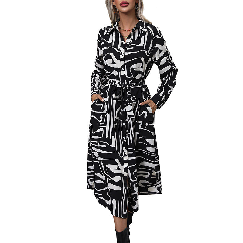 Damen Hemdblusen‑Midikleid mit abstraktem Print, Zierknopfleiste und Bindegürtel Shop Nory