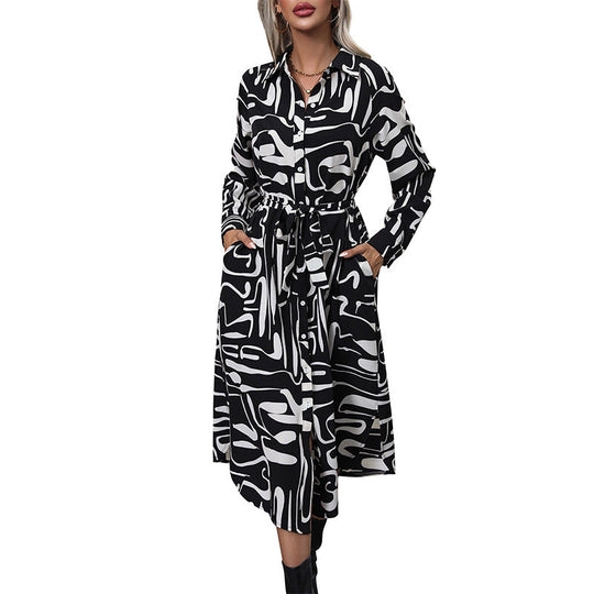 Damen Hemdblusen‑Midikleid mit abstraktem Print, Zierknopfleiste und Bindegürtel Shop Nory