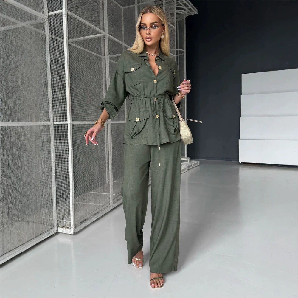 Damen Leinenoptik Utility-Hemdjacke mit Tunnelzugtaillierung und goldenen Zierknöpfen Shop Nory