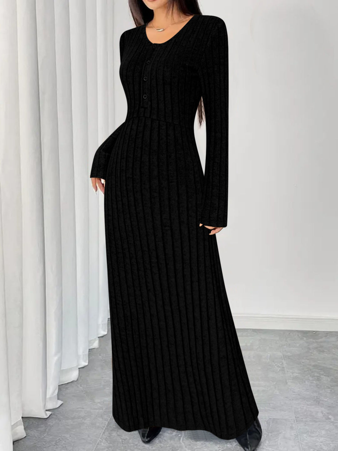 Damen Geripptes Maxi-Strickkleid mit Taillennaht und Knopfleiste Shop Nory