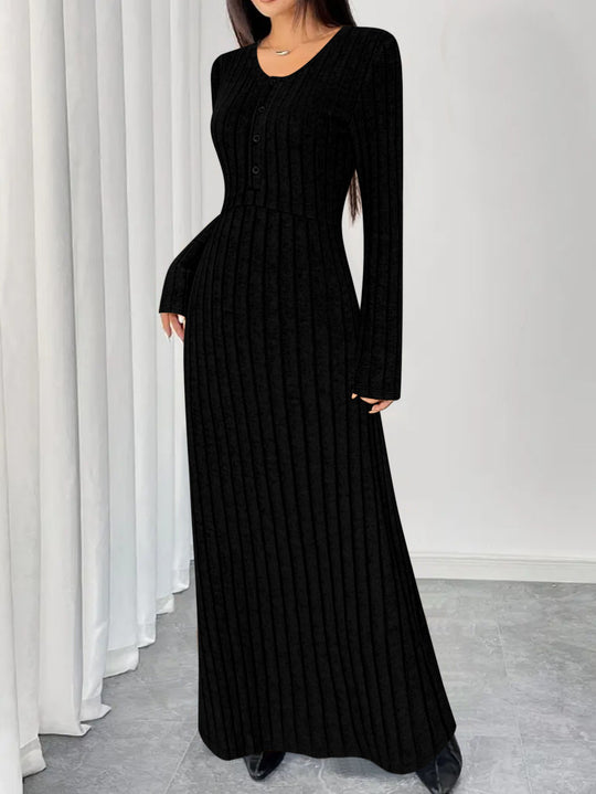 Damen Geripptes Maxi-Strickkleid mit Taillennaht und Knopfleiste Shop Nory