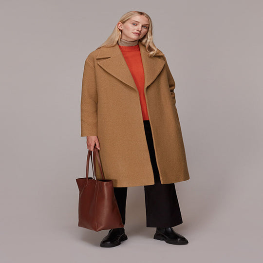 Damen Midilanger Wollmix‑Longmantel mit minimalem Schalkragen und relaxed Silhouette Shop Nory