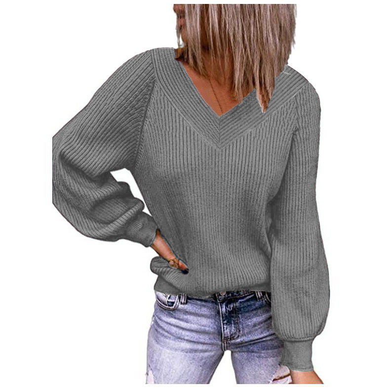 Damen Gerippter V‑Ausschnitt Pullover mit Ballonärmeln und lässiger Passform Shop Nory