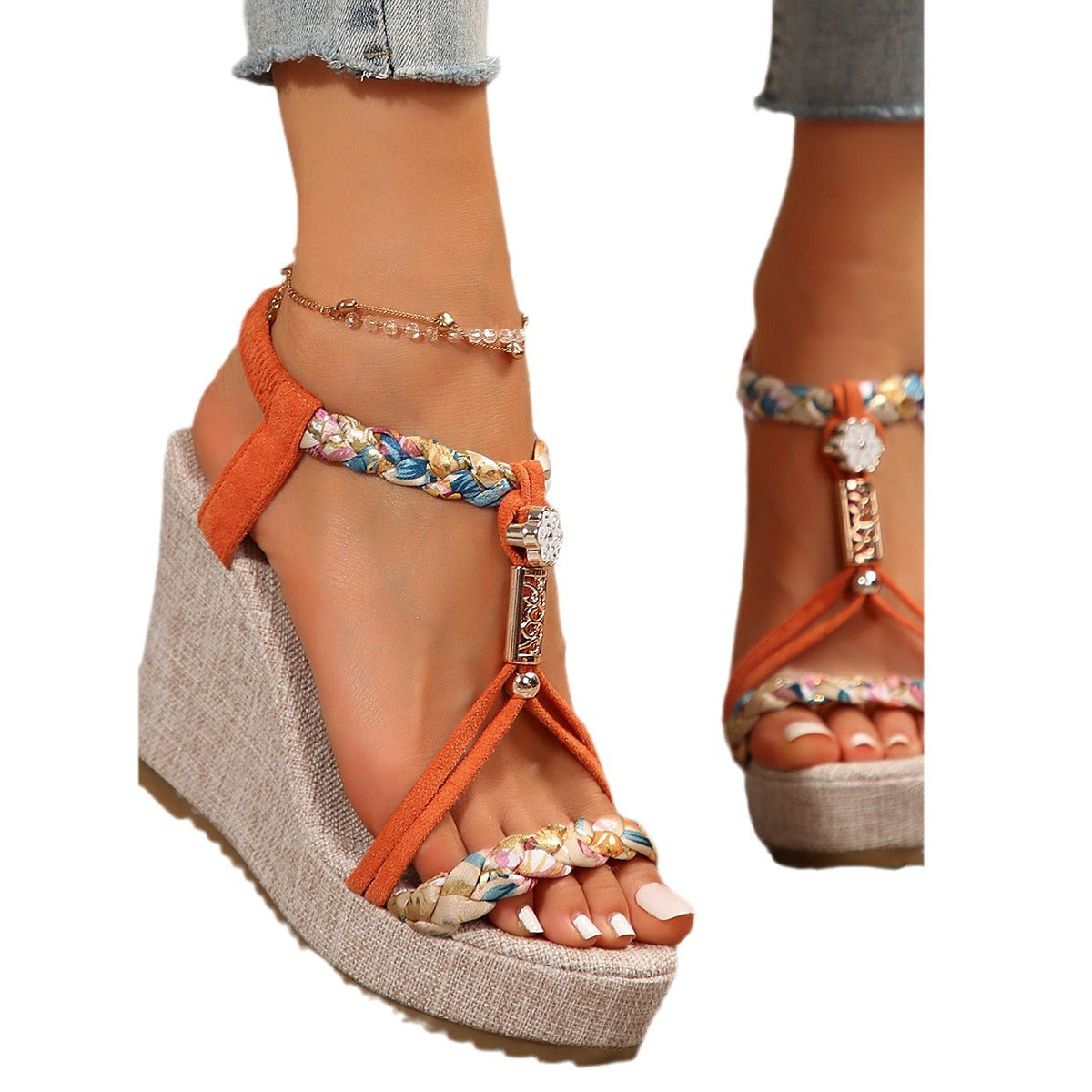 Damen Wedge-Sandalen mit geflochtenem Riemen und elegantem Schmuckdetail