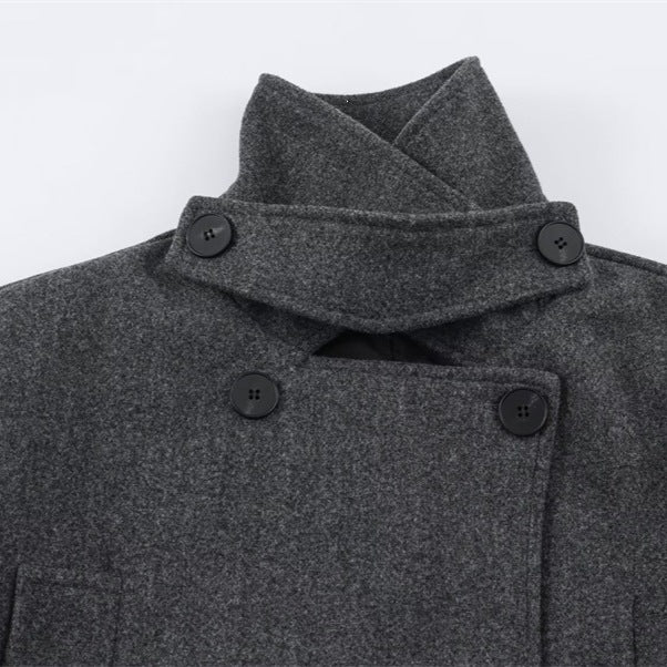 Herren Kurzer doppeltreihiger Wollmantel mit Stehkragen und Taillengürtel Shop Nory