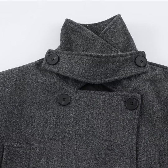 Herren Kurzer doppeltreihiger Wollmantel mit Stehkragen und Taillengürtel Shop Nory