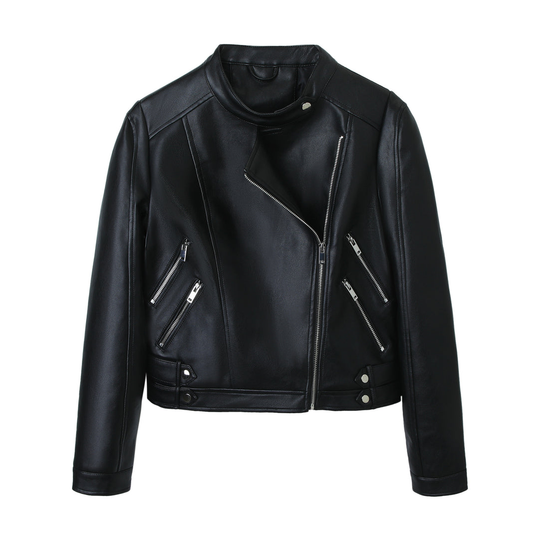 Damen Motorrad-Bikerjacke aus Kunstleder mit Stehkragen, asymmetrischem Reißverschluss und Zierfalten Shop Nory
