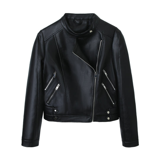Damen Motorrad-Bikerjacke aus Kunstleder mit Stehkragen, asymmetrischem Reißverschluss und Zierfalten Shop Nory