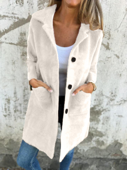 Damen Teddy-Mantel mit Oversize-Kragen, dekorativen Knöpfen und Eingrifftaschen Shop Nory