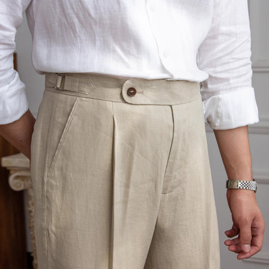 Herren Leinenhose mit hoher Taille, Bundfalten und verstellbarem Seitenriegel Shop Nory
