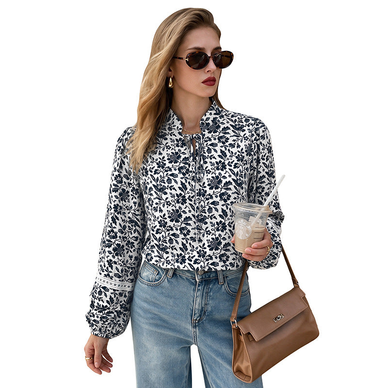 Damen Blumen-Tunika-Bluse mit Bindeschleife, Volantsaum und Spitzen-Details Shop Nory