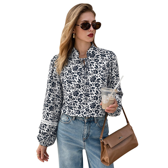 Damen Blumen-Tunika-Bluse mit Bindeschleife, Volantsaum und Spitzen-Details Shop Nory