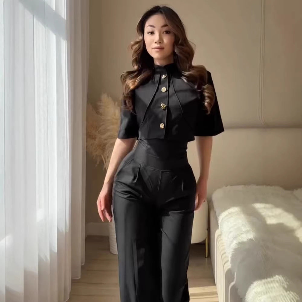 Damen Zweiteiliges Satin-Ensemble mit Cropped-Bolero, Goldknöpfen und hoher Taille Shop Nory